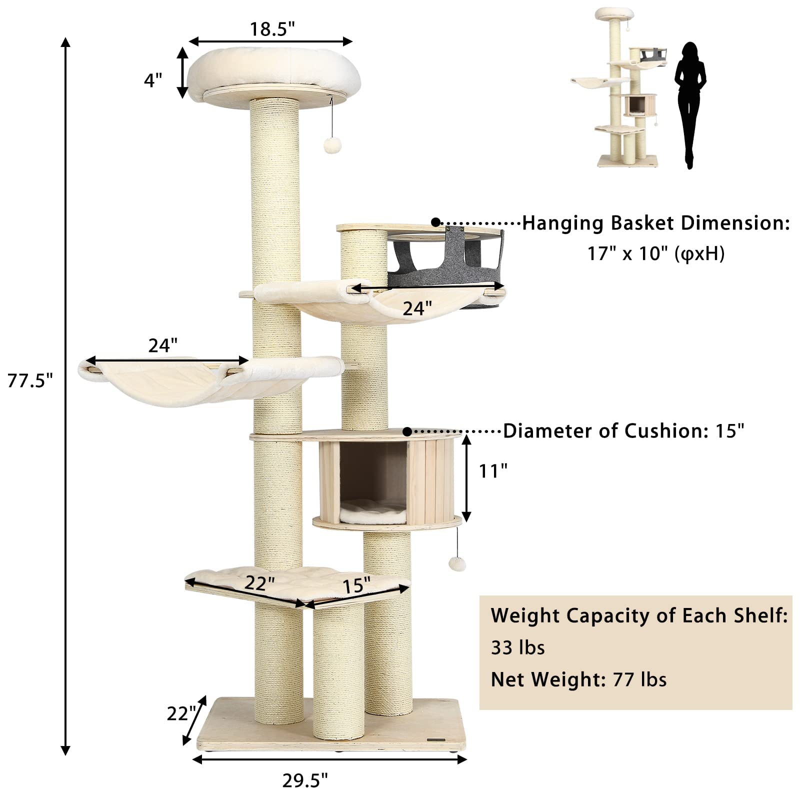 Tangkula Large Cat Tree, Multi-Level Tall Cat Tower With Sisal Scratching Posts, Hammocks, Hanging Basket, Cat Condo And Removab
